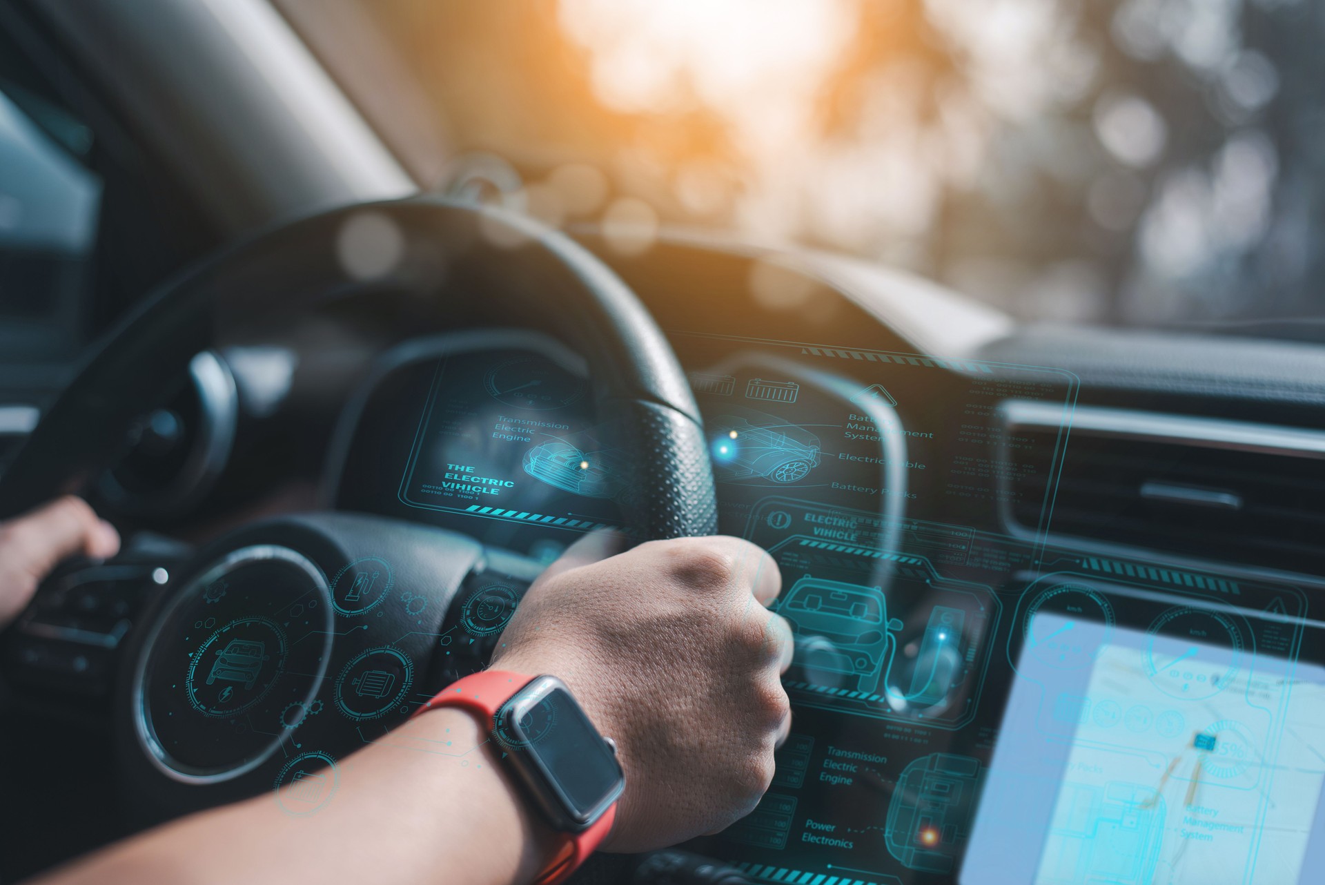 Ein zukünftiges Automobil und eine grafische Benutzeroberfläche (GUI). Smart Car Linked Car Das Internet der Dinge Das HUD oder Head-up-Display